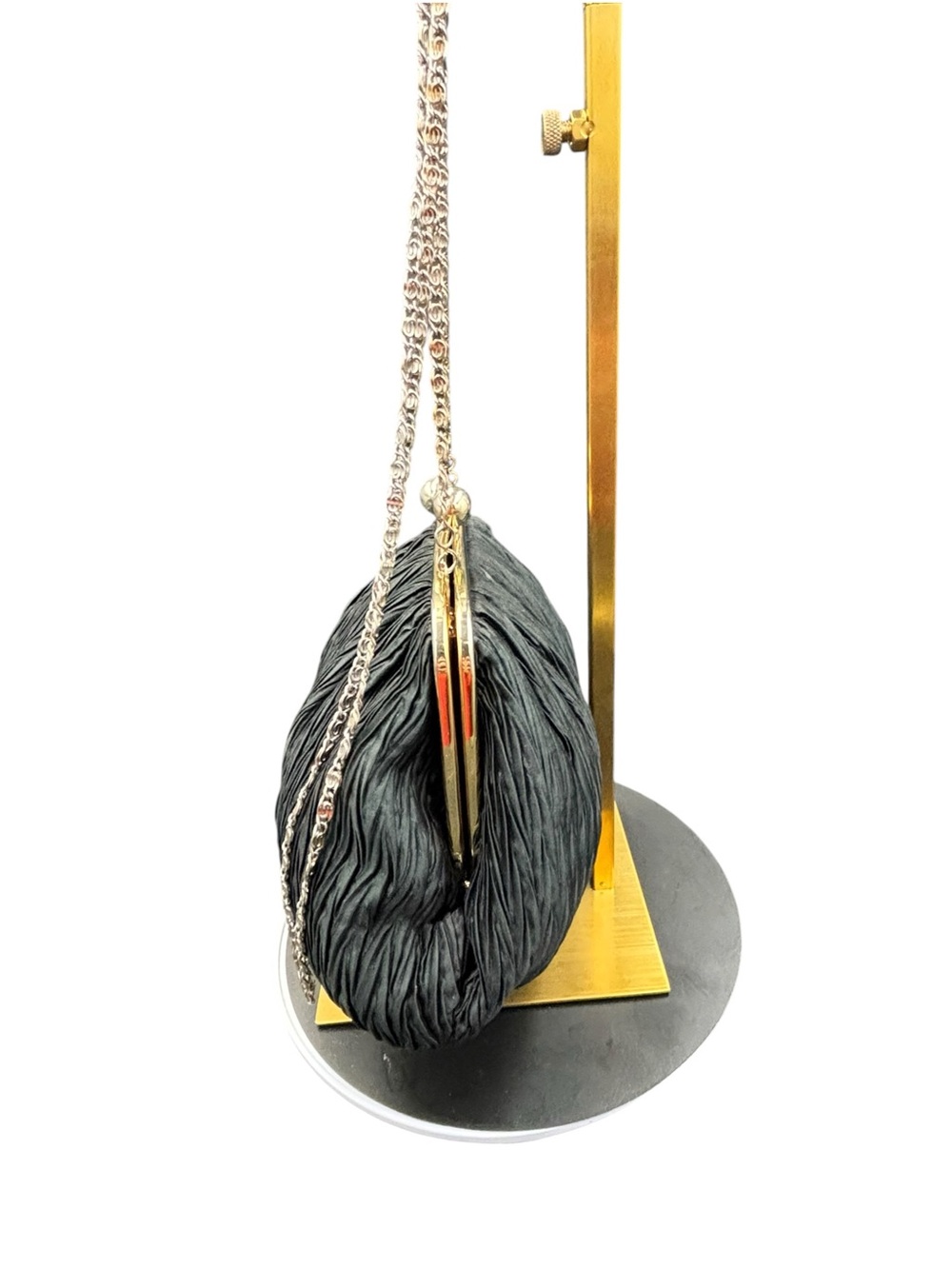 Vintage Nordstrom Black Pleated Evening Bag, Gold Tone Kiss Lock, Chain Strap - Picture 6 of 14